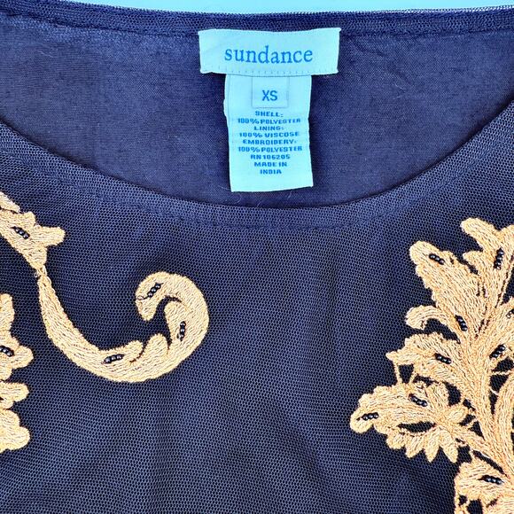 Sundance Black Mesh Blouse XS Burnt Orange Embroidered Floral Sheer Sleeve - Picture 5 of 9